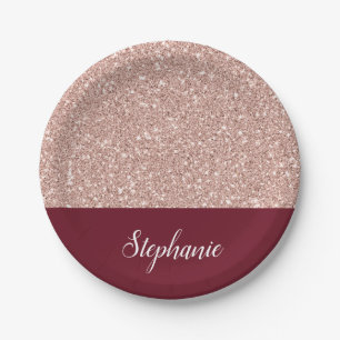 Faux Rose Gold Glitter with Burgundy Paper Plates