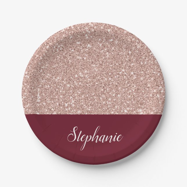 Faux Rose Gold Glitter with Burgundy Paper Plates (Front)