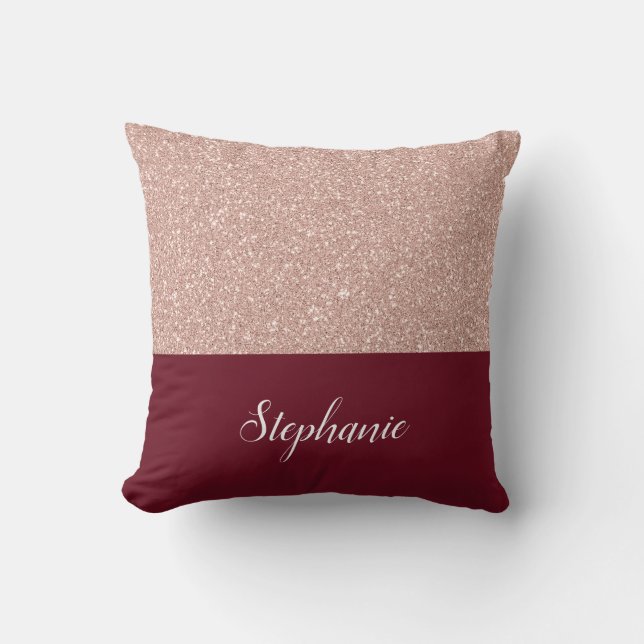 Faux Rose Gold Glitter with Burgundy Throw Pillow (Front)