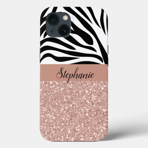 Faux Rose Gold Glitter with Zebra Print  iPhone 13 Case