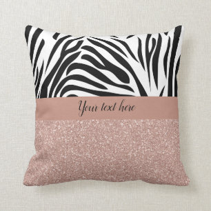 Faux Rose Gold Glitter with Zebra Print Throw Pillow