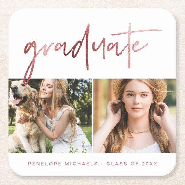 Faux Rose Gold Graduate Script Photo Grid White Square Paper Coaster (Front)