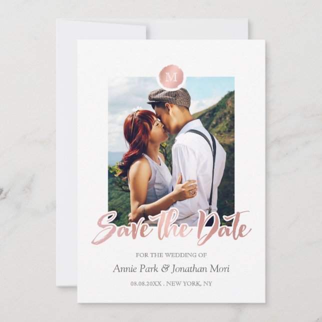 Faux Rose Gold & Gray Monogram Save the Date (Front)