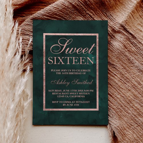 Faux rose gold green watercolor Sweet 16 Invitation