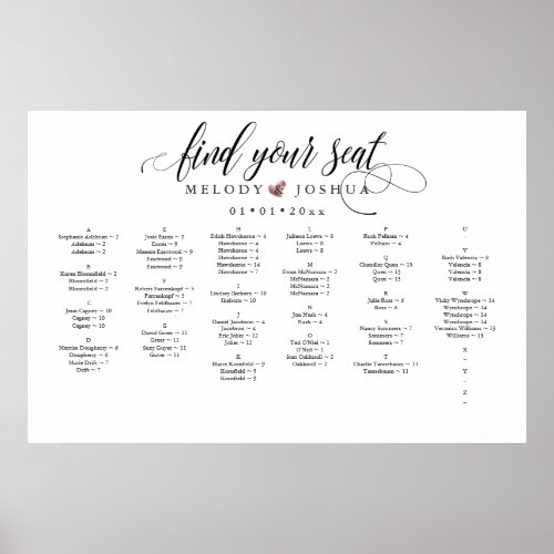 FAUX ROSE GOLD HEART ALPHA SEATING CHART