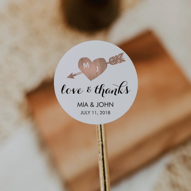 Faux Rose Gold Heart Thank You Wedding Favor Classic Round Sticker (Creator Uploaded)