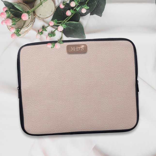 Faux Rose Gold Leather Pretty Blush Pink Modern Laptop Sleeve (A pretty blush pink faux leather look laptop sleeve with space for your initials)