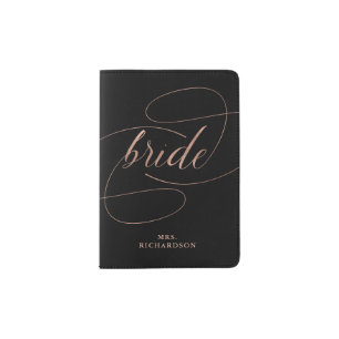 Faux Rose Gold Look Calligraphy on Black Bride Passport Holder