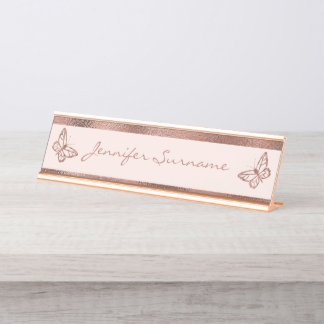 Faux Rose Gold Look-like Butterflies & Custom Text Desk Name Plate