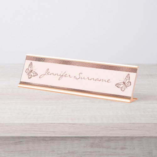 Faux Rose Gold Look_like Butterflies  Custom Text Desk Name Plate