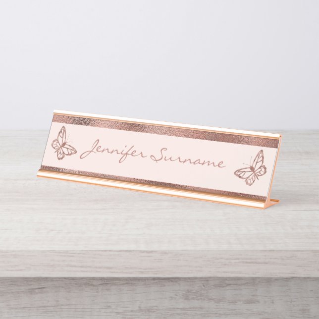 Faux Rose Gold Look-like Butterflies & Custom Text Desk Name Plate (Front)