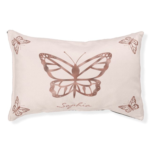 Faux Rose Gold Look-like Butterflies & Pet's Name Pet Bed (Front)