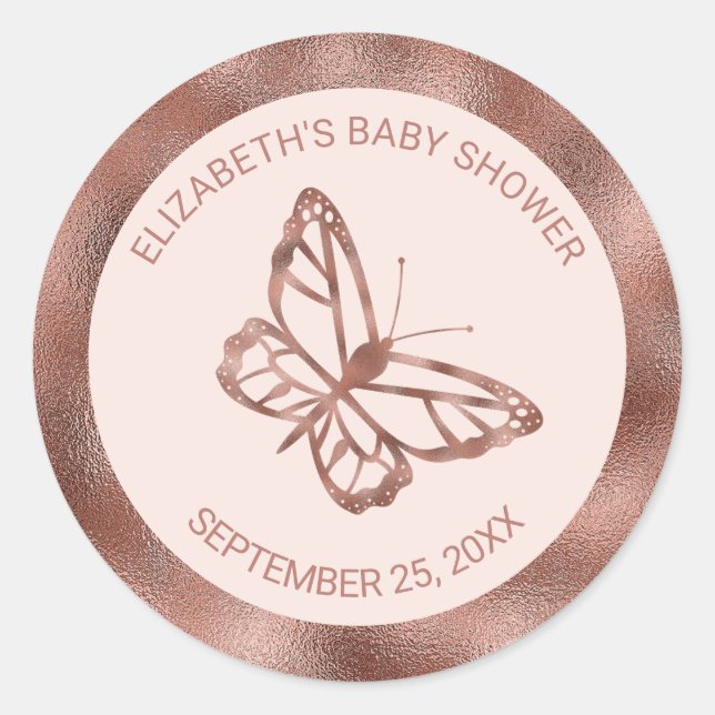 Faux Rose Gold Look-like Butterfly & Custom Text Classic Round Sticker (Front)