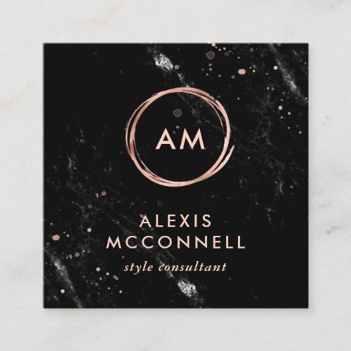 Faux Rose Gold Look on Black Marble  Circle Square Business Card
