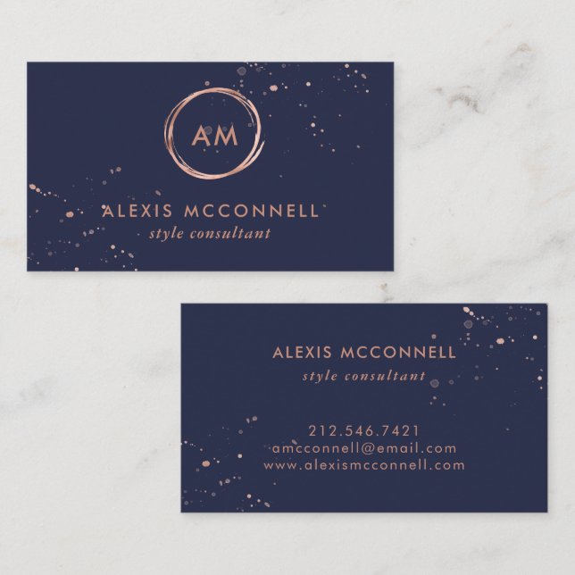 Faux Rose Gold Look on Midnight Blue | Circle Business Card (Front/Back)