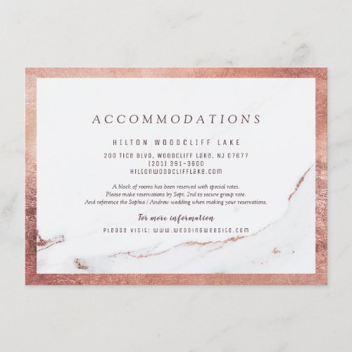 Faux rose gold marble modern wedding accommodation enclosure card