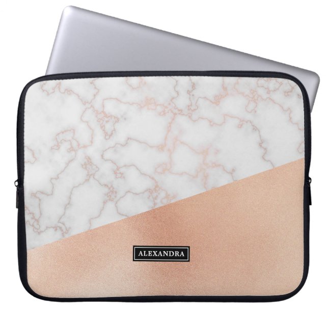 Faux Rose Gold & Marble Personalized Laptop Sleeve (Front)