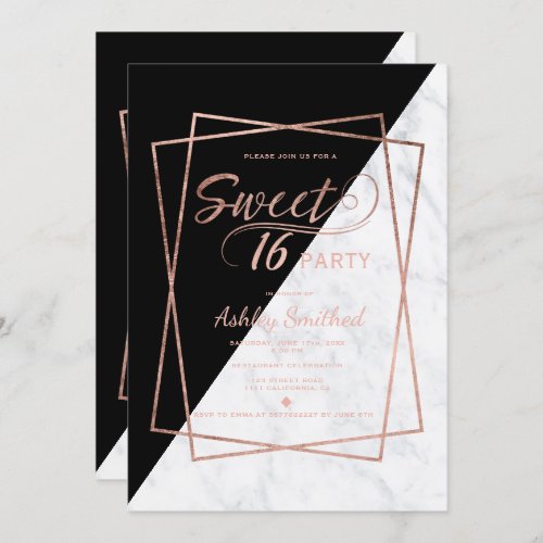 Faux rose gold marble script geometric Sweet 16 Invitation