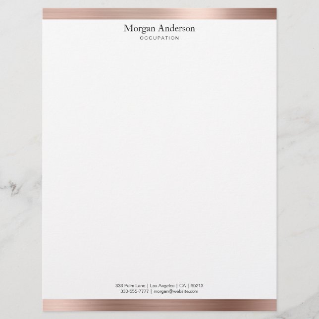 Faux Rose Gold Metal, Black Name Info Letterhead (Front)