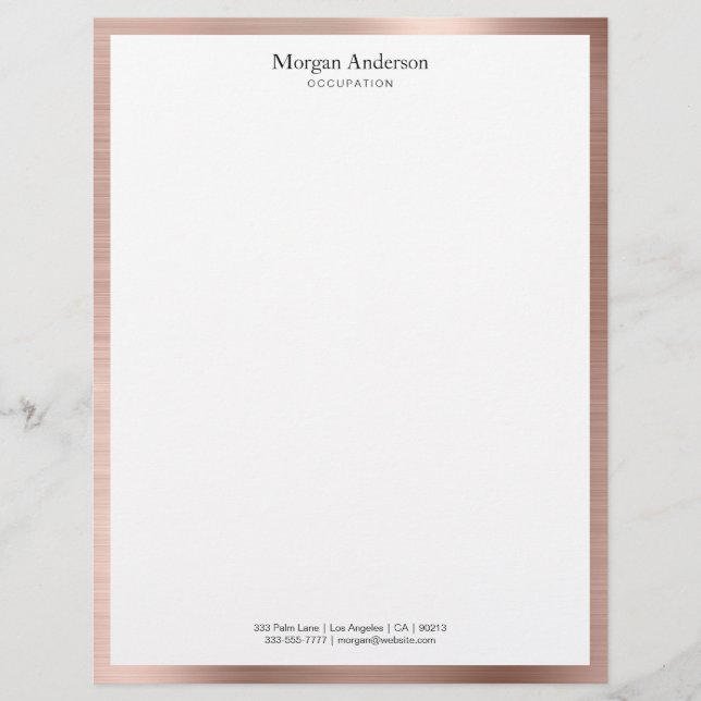 Faux Rose Gold Metal Border, Black Name & Info Letterhead (Front)