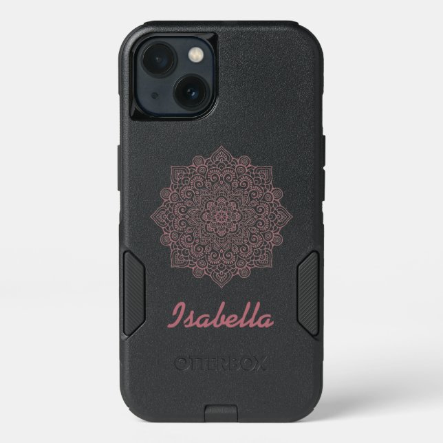 Faux rose gold metalic Mandala black monogrammed Otterbox iPhone Case (Back)