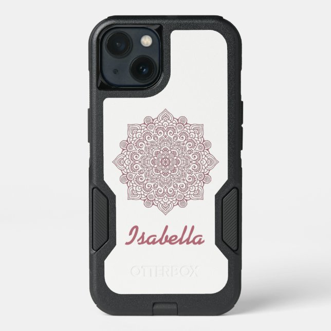Faux rose gold metalic Mandala white monogrammed Otterbox iPhone Case (Back)