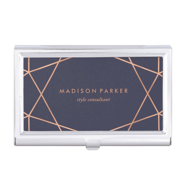 Faux Rose Gold Modern Geometric Design on Blue Business Card Holder (Front)