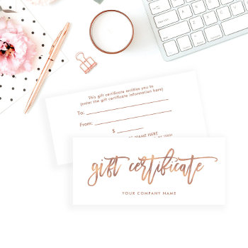 Faux Rose Gold Modern Script | Gift Certificate by christine592 at Zazzle