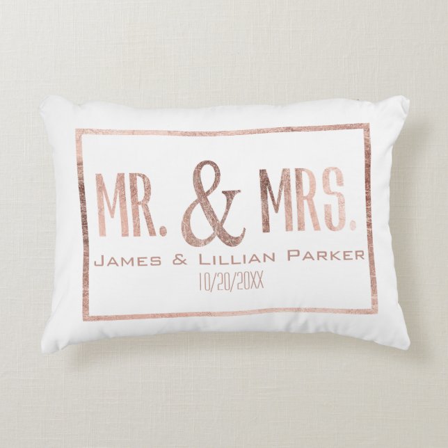Faux Rose Gold Mr. and Mrs. Monogram Wedding Decorative Pillow (Front)