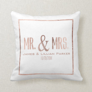 Faux Rose Gold Mr. and Mrs. Monogram Wedding Throw Pillow