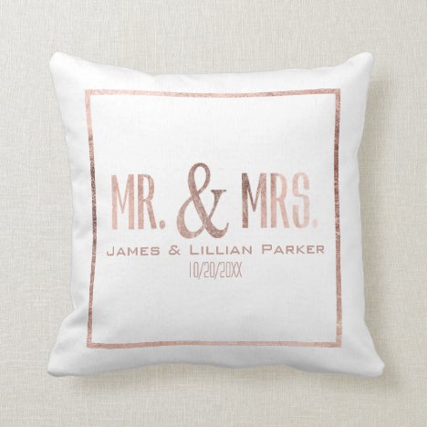 Faux Rose Gold Mr. and Mrs. Monogram Wedding Throw Pillow