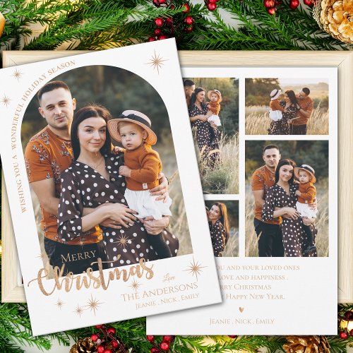 Faux Rose Gold Multi Family Photos Merry Christmas Holiday Card