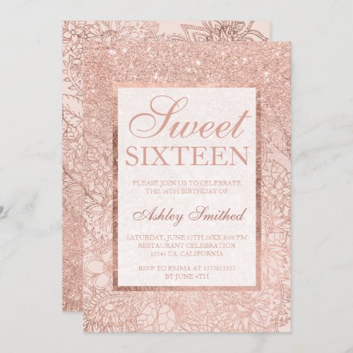 Faux rose gold ombre floral blush Sweet 16 Invitation