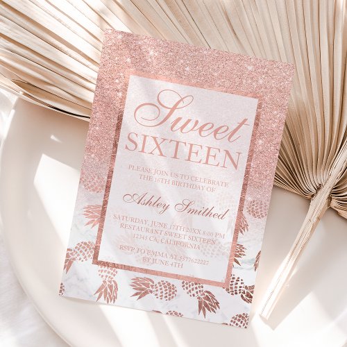 Faux rose gold ombre pineapples marble Sweet 16 Invitation