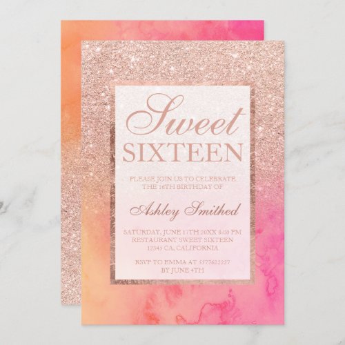 Faux rose gold ombre pink watercolor Sweet 16 Invitation