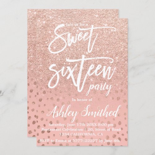 Faux rose gold ombre polka dot typography Sweet 16 Invitation