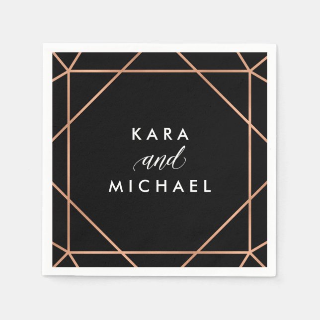 Faux Rose Gold on Black Modern Geometric Wedding Paper Napkins (Front)