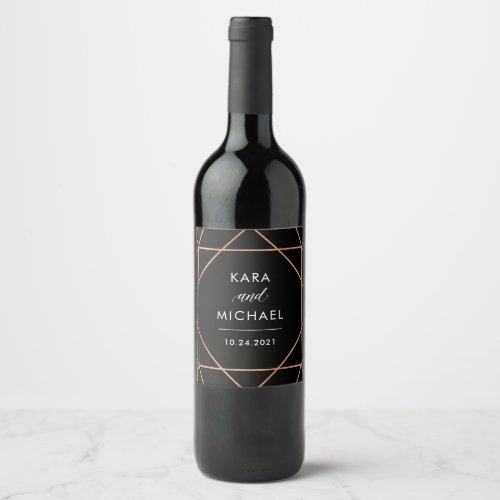 Faux Rose Gold on Black Modern Geometric Wedding Wine Label