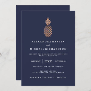 Faux Rose Gold Pineapple on Midnight Blue Wedding Invitation