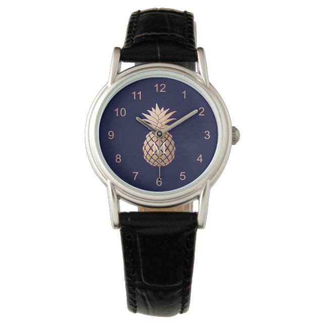 Faux Rose Gold Pineapple on Navy Blue and Monogram Watch (Front)