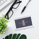 Faux Rose Gold Pineapple | Personalized Business Card Case<br><div class="desc">Elegant business card holder features your name and/or business name in modern white lettering,  overlaid on a faux rose gold foil illustration on a midnight blue background. Shop matching items from our Pineapple office collection to complete your look!</div>