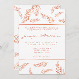 Faux Rose Gold Pink Color Feathers Elegant Wedding Invitation