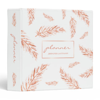 Faux Rose Gold Pink Color Feathers Planner & Name 3 Ring Binder