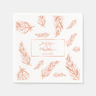 Faux Rose Gold Pink Feathers Wedding Couple Names Napkins