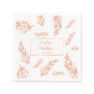 Faux Rose Gold Pink Feathers Wedding Couple Names Napkins
