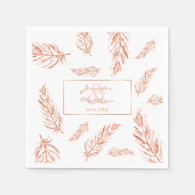 Faux Rose Gold Pink Feathers Wedding Couple Names Napkins (Front)