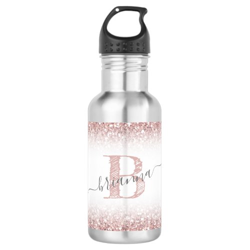 Faux Rose Gold Pink Glitter Monogram Name Cute Stainless Steel Water Bottle