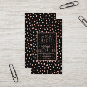 Faux rose gold polka dots black yoga business card