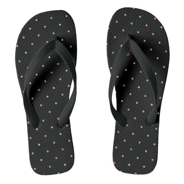 Faux Rose Gold Polka Dots on Black Flip Flops (Footbed)
