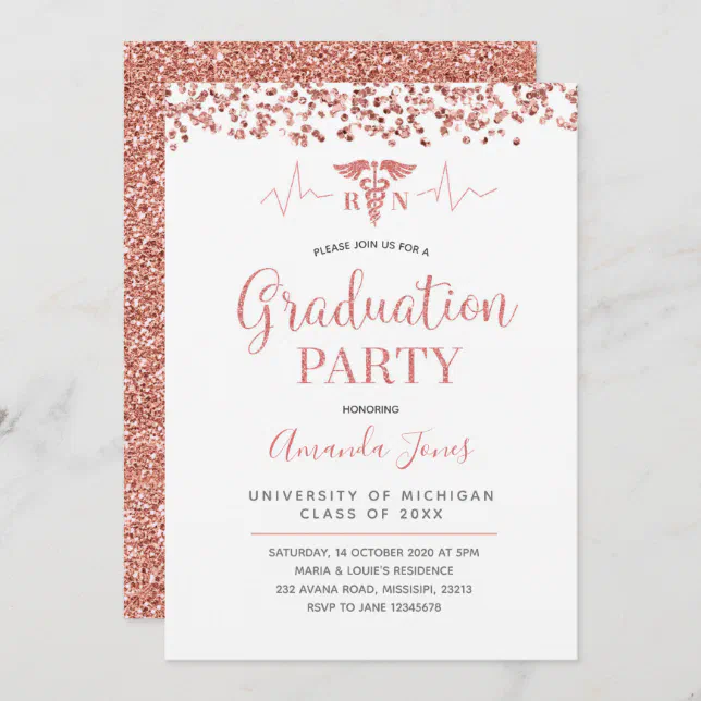 FAUX ROSE GOLD RN Nurse Graduation Party Invitation | Zazzle